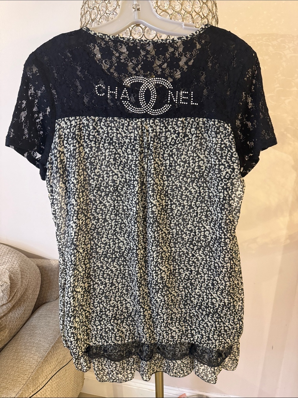 Women's Black Lace & Ivory Leopard Print Short Sleeve Top size L